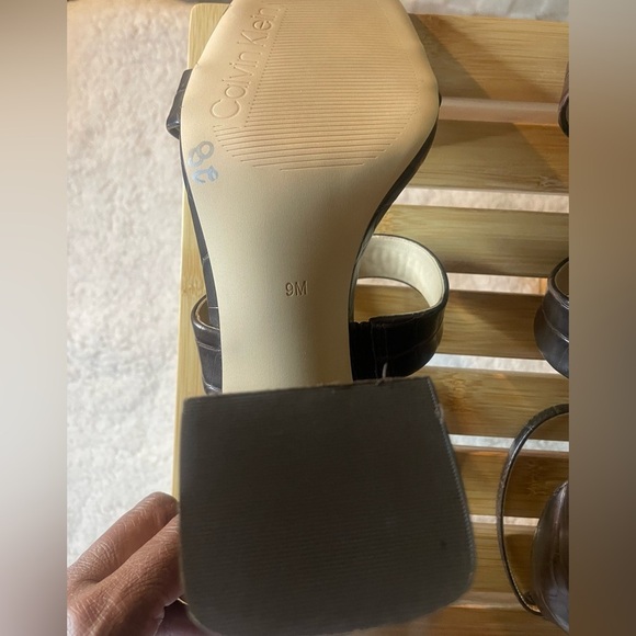 Calvin Klein 9 M, Dark Brown Sheryl Ankle Strap, Block Heel, Squared Toe Sandals - Picture 6 of 16